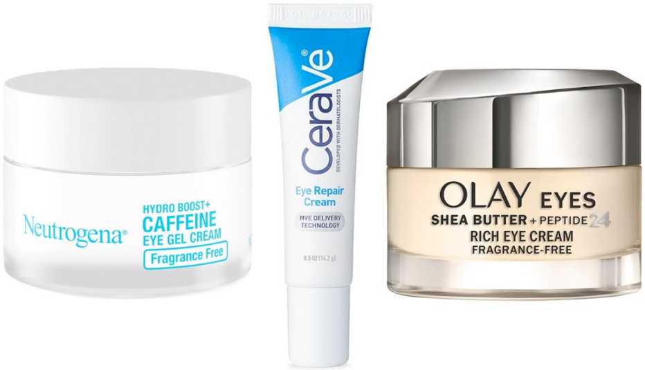 Neutrogena Hydro Boost + Caffeine Eye Gel Cream Fragrance-Free; CeraVe Eye Repair Cream for Dark Circles and Puffiness Fragrance- Free; Olay Eyes Shea Butter + Peptide 24 Eye Cream Fragrance-Free