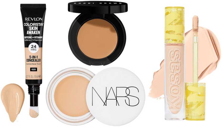 Revlon ColorStay Skin Awaken Caffeine + Vitamin C 5-in-1 Concealer in 025 Light Beige; Bobbi Brown Color Corrector in Peach; Kosas Revealer Super Creamy + Brightening Concealer with Caffeine and Hyaluronic Acid in Tone 3.8 N; Nars Light Reflecting Eye Brightener in Magic Hour