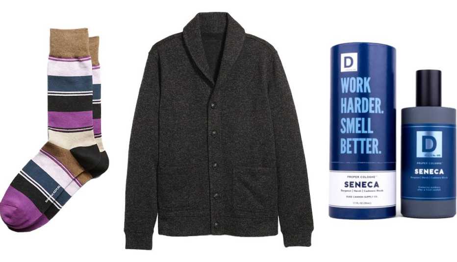 Banana Republic Color-Block Sock in brown multi; Old Navy Sweater-Fleece Shawl-Collar Cardigan for Men in black/gray marl; Duke Cannon Aquatic & Fresh Woods Seneca Men’s Proper Cologne