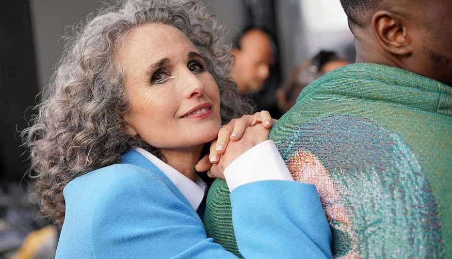 Actress Andie MacDowell is backstage prior to the "Le Defile Walk Your Worth" By L'Oreal Paris Womenswear Spring/Summer 2023 show 