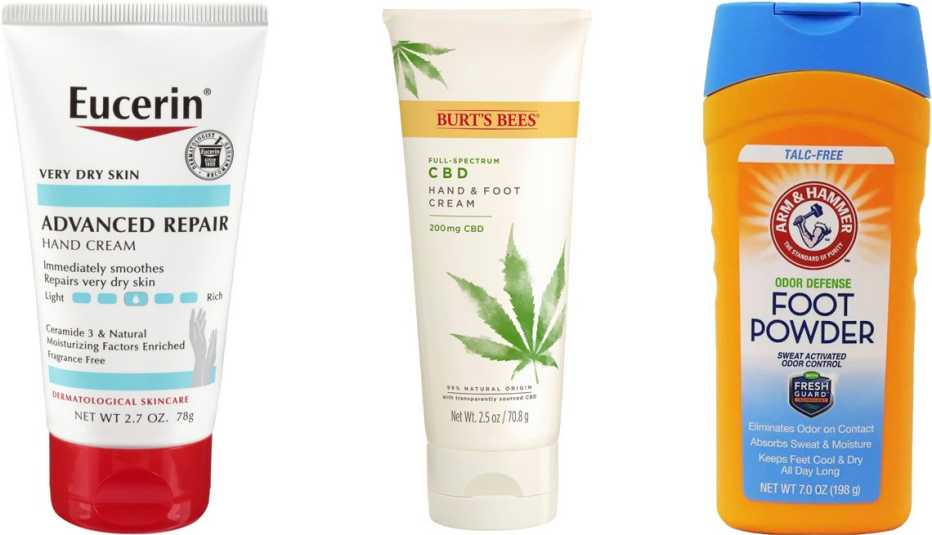 Eucerin Advanced Repair Hand Cream; Burt's Bees CBD Hand and Foot Cream; Arm & Hammer Foot Odor Control Powder