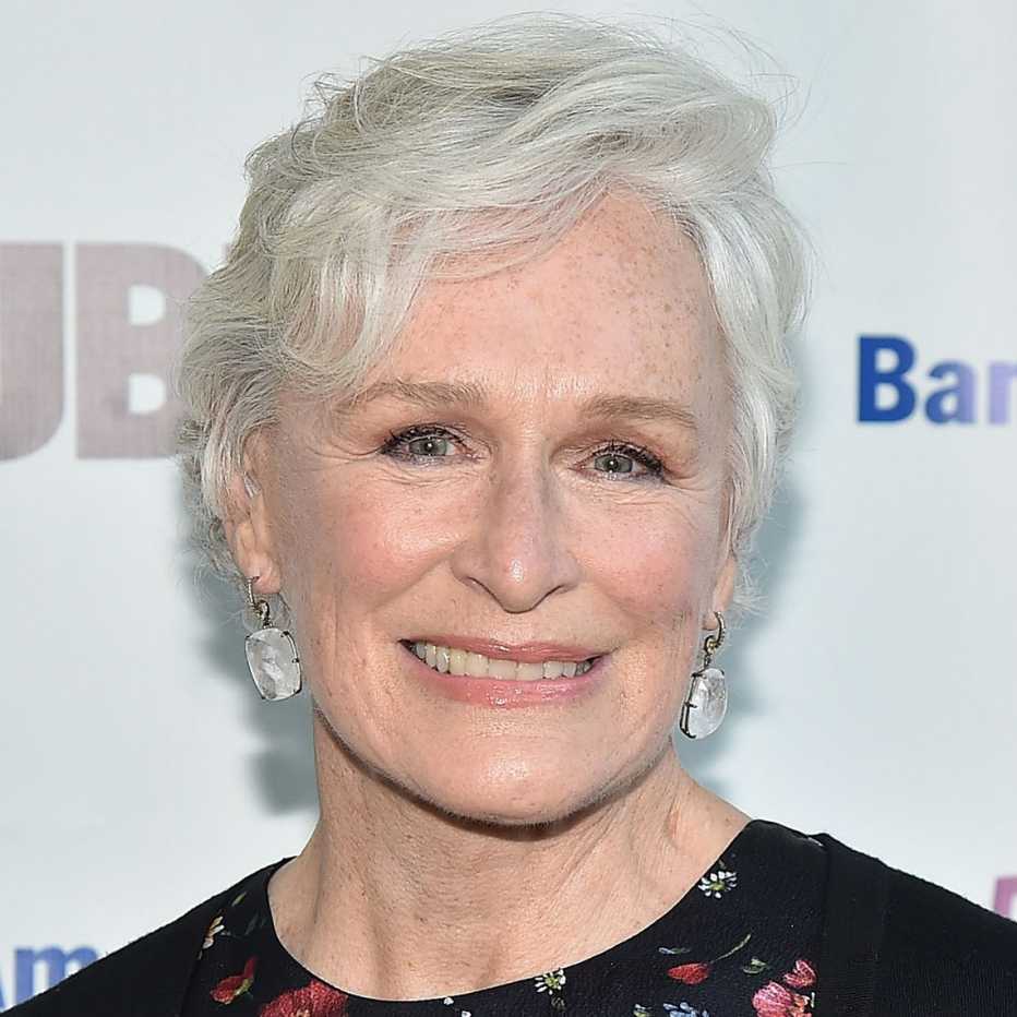 Glenn Close with a short wavy white crop hairdo