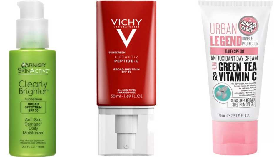 Garnier Skin Active S P F 30 Face Moisturizer with Vitamin C Vichy Laboratoires Liftactiv Peptide C Face Sunscreen S P F 30 Soap and Glory Urban Legend Double Protection Antioxidant Day Cream S P F 30 with Green Tea and Vitamin C