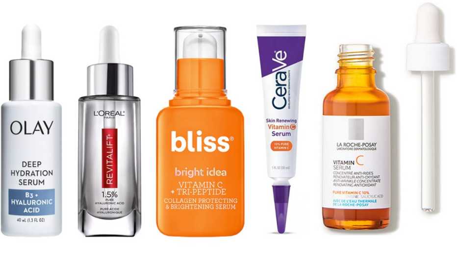 Olay Deep Hydration Serum Vitamin B 3 Hyaluronic Acid LOréal Paris Revitalift Derm Intensives Hyaluronic Acid Facial Serum Bliss Bright Idea Vitamin C Tri Peptide Serum CeraVe Skin Renewing Vitamin C Face Serum La Roche Posay Pure Vitamin C Face Serum