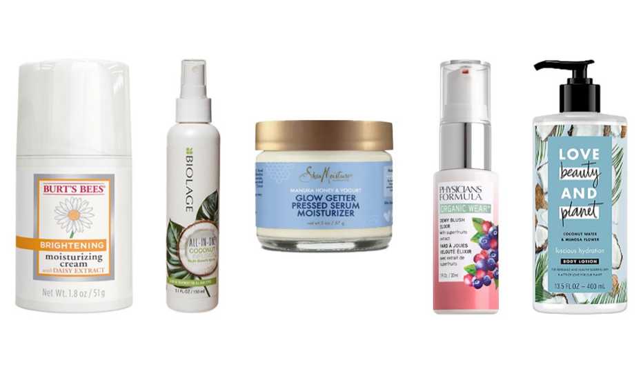 Burt's Bees Brightening Moisturizing Cream Matrix Biolage All In One Coconut Infusion Multi Benefit Spray SheaMoisture Manuka Honey and Yogurt Healthy Glow Pressed Serum Moisturizer Physicians Formula Organic Wear Dewy Blush Elixir and Love Beauty Lotion
