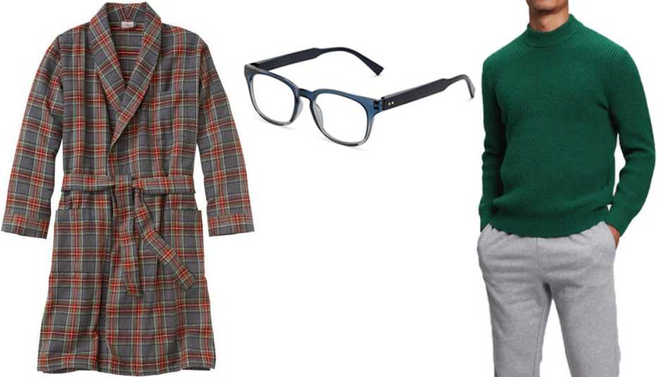 L.L.Bean Men’s Scotch Plaid Flannel Robe in Grey Stewart; The Hudson Blue Light Reader in Blue/Grey Fade; Gap Merino Shaker-Stitch Mockneck Sweater in Pine Green