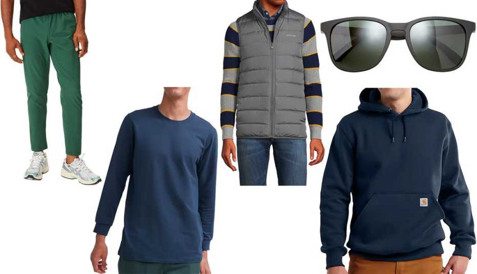 Outdoor Voices RecTrek Pant in Evergreen; Uniqlo Men Heattech Cotton Crew-Neck Long-Sleeve T-Shirt (Extra Warm) in 68 Blue; Lands’ End Men’s Down Puffer Vest in Warm Graphite; Huckberry Weekenders Sunglasses in Black w/ Forest Lens; Carhartt Rain Defender Loose Fit Heavyweight Hoodie in New Navy
