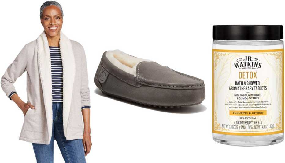 Women﻿'s L.L.Bean﻿ 1912 Sweatshirt, Sherpa﻿-Lined Cardigan in Oatmeal Heather; Dluxe by Dearfoams Women’s Fernie Genuine Shearling Slippers in Gray; J.R. Watkins DETOX Bath & Shower Aromatherapy Tablets