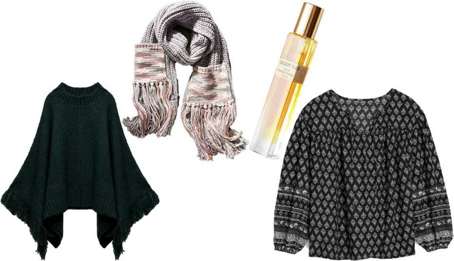Zara Fringed Knit Poncho in Green; Anthropologie Fringed Pocket Scarf in Grey; Bohemian Reves Desert Fleur Botanical Perfume Rollerball; Old Navy Long-Sleeve Smocked Printed Poet Blouse for Women in Black