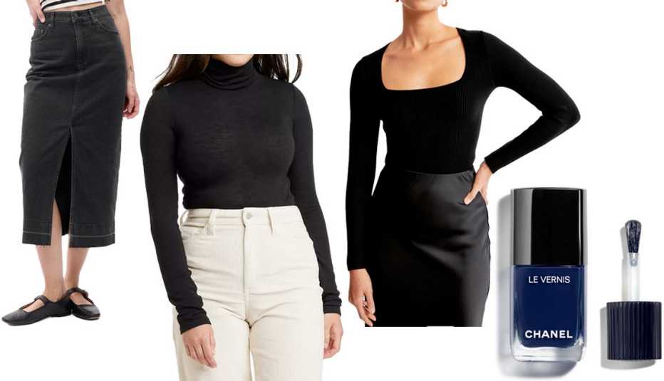 Gap Denim Midi Skirt in Black Wash; Universal Thread Women’s Long Sleeve Mock Turtleneck T-Shirt in Black; Abercrombie & Fitch Women Long Sleeve Ottoman Squareneck Bodysuit in Black; Chanel Le Vernis Longera Nail Color in 127 Fugueuse