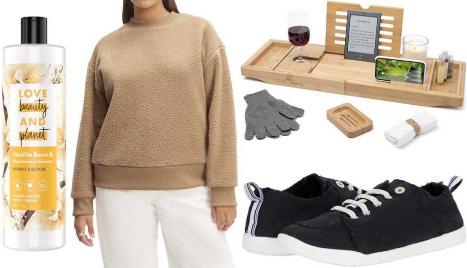 Love Beauty and Planet Hydrate & Restore Pant-Based Body Wash in Vanilla Bean; Everlane The ReNew Fleece Oversized Crew in Tiger’s Eye; Temple Spring Bathtub Caddy Tray in Bamboo in Natural; Vionic Beach Pismo in Black