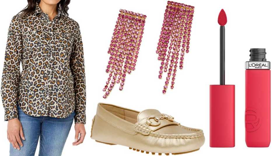 St. John’s Bay Womens Long Sleeve Regular Fit Button-Down Shirt in Leopard Print; Loft Sparkle Statement Waterfall Earrings in Fuchsia Primrose; L’Oréal Paris Le Matte Resistance Liquid Lipstick Up to 16 Hour Wear in French Kiss; Anne Klein Celeste Driving Shoe in Gold