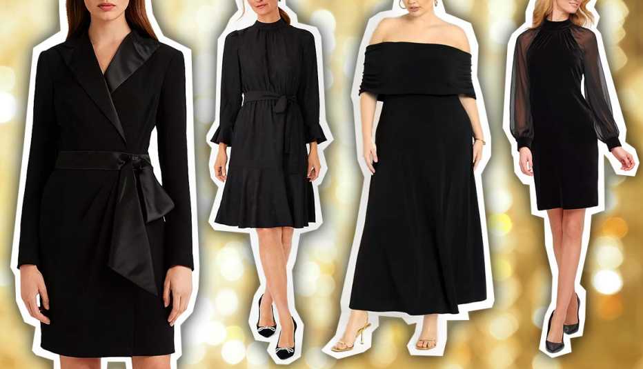 Lauren Ralph Lauren Tuxedo Faux Wrap Dress in Black; Petite Dotted Mock Neck Flounce Dress in Black; Off The Shoulder Knit Maxi Dress in Black Onyx; Calvin Klein Women’s Chiffon-Sheer-Sleeve Velvet Dress in Black 