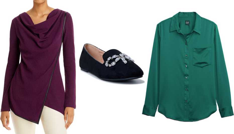 Marc New York Draped Tunic in Eggplant; C. Wonder Women’s Holiday Smoking Flats in Black; Gap Satin Boyfriend Shirt in Green Pine