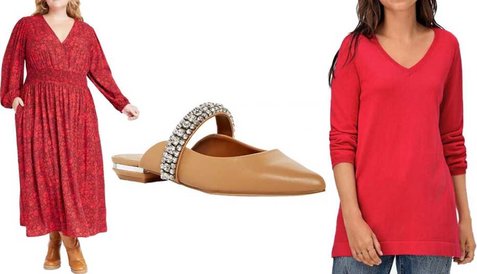Knox Rose Women’s Long Sleeve A-Line Dress in Wine Red Floral; Kurt Geiger London Women’s Princely Embellished Pointed Toe Mules; Ellos V-Neck Sweater Tunic in Persian Red