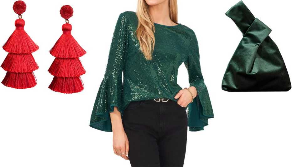 Me & Hz Colorful Layered Tassel Earrings in Red; Vince Camuto Metallic Knit Flutter Sleeve Top in Arresting Emerald; Yuutbiu Velvet Knot Wrist/Clutch in Green