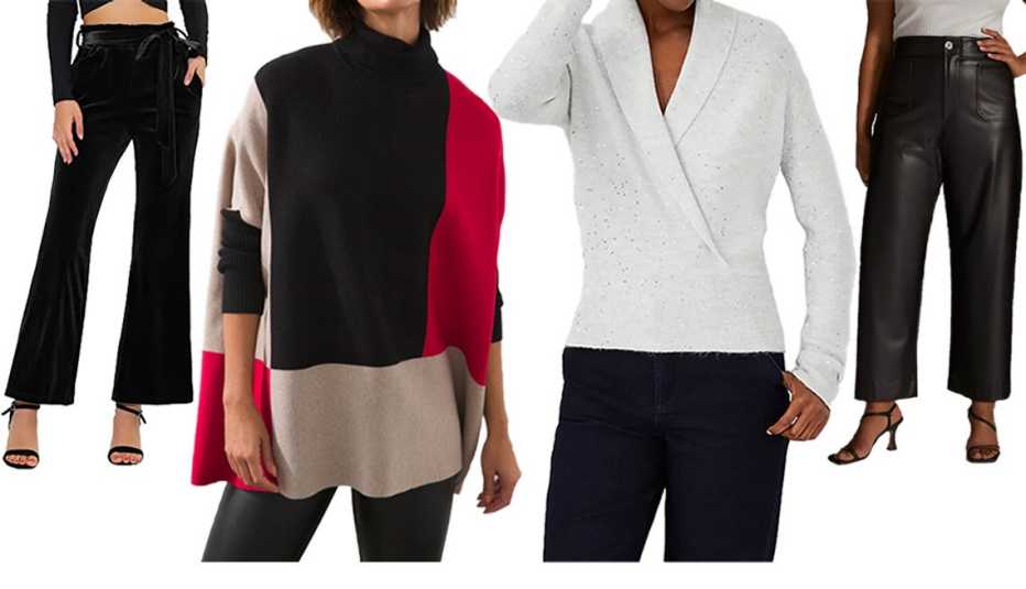 Allegra K Women’s Velvet Pants Tie Waist in Black; Chico’s Colorblock Pullover Sweater in Black; Ann Taylor Sequin Shawl Collar Sweater in Silver Sparkle; Maeve Plus The Colette Faux Leather Pants in Black