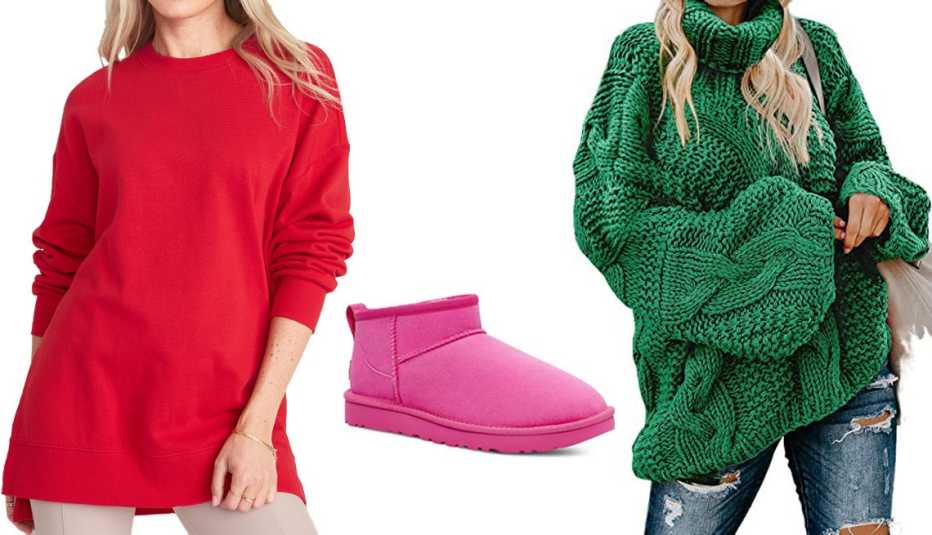 Old Navy Oversized Boyfriend Garment-Dyed Tunic Sweatshirt for Women in Robbie Red; Ugg Ultra Mini Classic Boot; Dokotoo Women’s Loose Oversized Casual Turtleneck Sweater in A Green