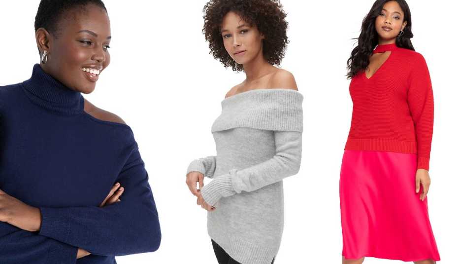 Eloquii Cold Shoulder Sweater, Gap Off-Shoulder Sweater, Eloquii Cutout necklace Sweater