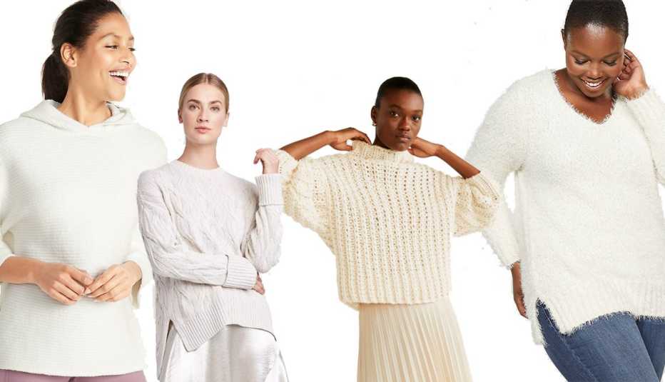 Old Navy Shaker Stitch Pullover Hoodie for Women in Cream, Mango Chunky Knit Sweater in Ecru, Women's Long Sleeve Crewneck Cable Knit Pullover Sweater – Prologue, Eyelash Pullover Sweater