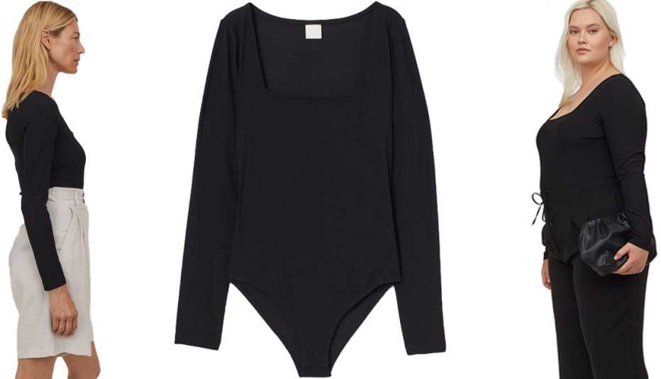A model wearing a H and M Ribbed Jersey Bodysuit an image of the item alone and another model wearing a H and M plus Ribbed Jersey Bodysuit 