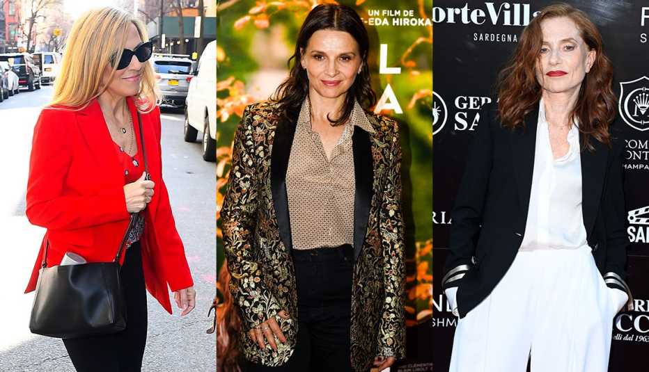 Side by side images of Sheryl Crow Juliette Binoche and Isabelle Huppert all wearing blazers