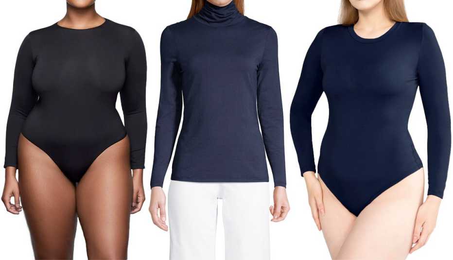 Skims Fits Everybody Crewneck Bodysuit in Onyx; Lands’ End Women’s Lightweight Fitted Long Sleeve Turtleneck Tee in Radiant Navy; Poseshe Women’s Plus-Size Long Sleeve Bodysuit in Navy Blue Skims Fits Everybody Crewneck Bodysuit in Onyx; Lands’ End Women’s Lightweight Fitted Long Sleeve Turtleneck Tee in Radiant Navy; Poseshe Women’s Plus-Size Long Sleeve Bodysuit in Navy Blue