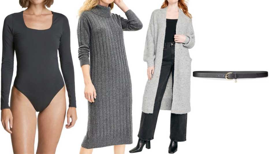 Everlane The Long-Sleeve Supima Square-Neck Bodysuit in Black; Loft Ribbed Turtleneck Ribbed Midi Dress in Pavestone Heather; Old Navy Cozy Long-Line Cardigan Sweater for Women in Heather Gray; Lauren Ralph Lauren Charm Crosshatch Leather Belt in Black Everlane The Long-Sleeve Supima Square-Neck Bodysuit in Black; Loft Ribbed Turtleneck Ribbed Midi Dress in Pavestone Heather; Old Navy Cozy Long-Line Cardigan Sweater for Women in Heather Gray; Lauren Ralph Lauren Charm Crosshatch Leather Belt in Black