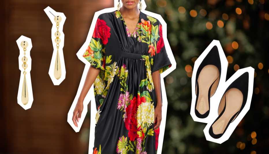 On the List Earrings in Gold; Caterina V-Neck Caftan in Black Combo; 
Lauren Londyn Suede Mule in Black