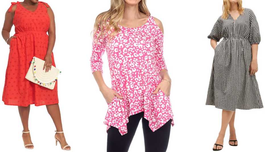 Lane Bryant Eyelet Lace Midi Dress with Knot-Straps in Goji Berry; White Mark Women’s Leopard Cold Shoulder Tunic Top in Fuchsia Leopard; Mango Gingham Check Cotton Dress in Black