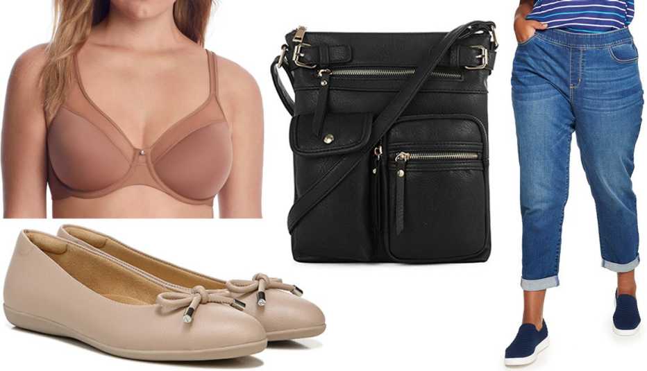 Naturalizer Vivienne Ballet Flat in Vintage Mauve; Bali One Smooth U Ultra Light T-Shirt Bra in Cinnamon Butter; SG Sugu Katie Lightweight Crossbody Bag in Black; Croft & Barrow Plus Size Pull-On Girlfriend Jeans in Medium Wash