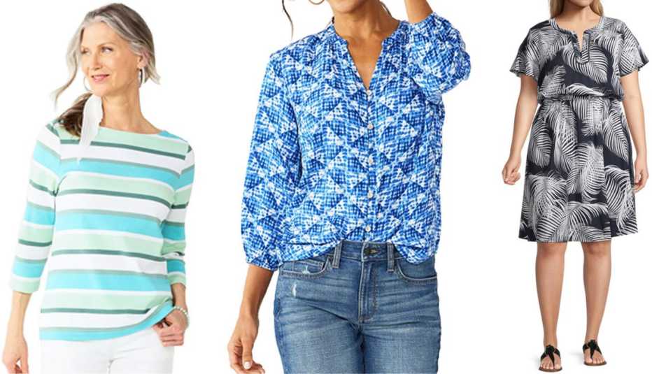 Croft & Barrow Boatneck Top in Pine Teal Van Stripe; Sonoma Goods for Life Drop-Shoulder Blouse in Navy Indigo Quilt; Liz Claiborne Women’s Plus Short Sleeve Floral A-Line Dress in Sig Navy Palms
