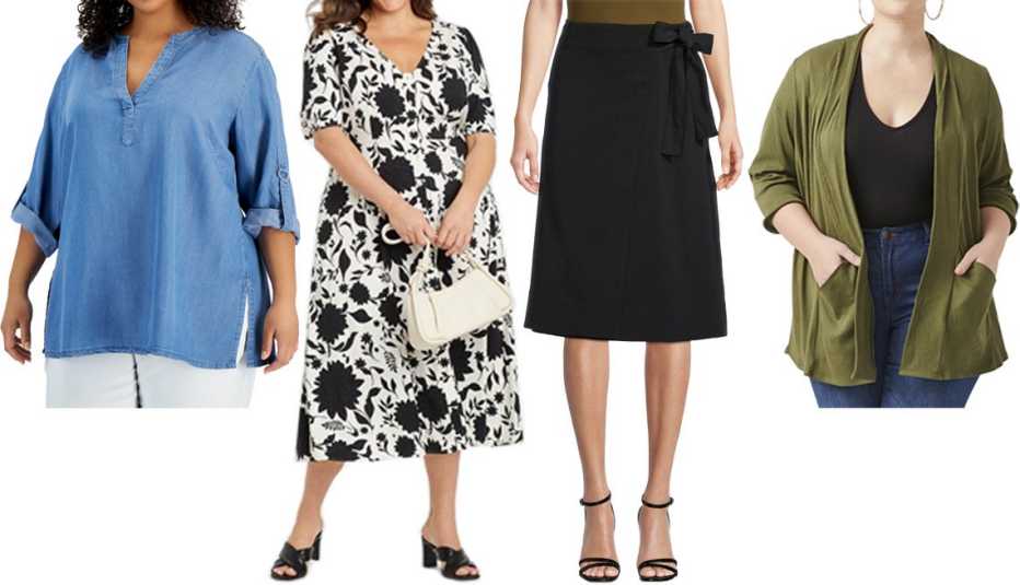 Anne Klein Plus Size Roll-Tab Vented Hem Top in Light Wash; Ava & Viv Women’s Plus Size Short-Sleeve Button Front Dress in Black Floral; Worthington Women’s Midi A-Line Skirt in Black; Molly & Isadora Cia 3/4 Sleeve Cardigan in Olive Green