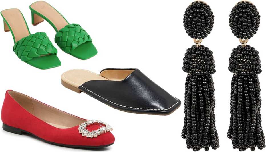 H&M Slip-On Sandals in Green; Kelly & Katie Saeed Ballet Flat in Red; Universal Thread Women’s Brandy Mules in Black; SUGARFIX by BaubleBar Polished Beaded Tassel Earrings in Black=