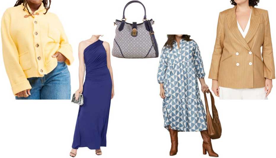 Callahan June Knit Cardigan; Halston Deana Gown; Louis Vuitton Monogram Idylle Elegie Encre Bag; Maeve by Anthropologie The Bettina Tiered Shirt Dress; Veronica Beard Parineti Dickey Jacket