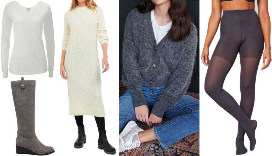 LifeStride Zeppelin Boot in Grey; L.L. Bean Women’s Silk Pointelle Long-Sleeve Scoopneck in Cream; Barbour Burne Long Sleeve Wool Blend Sweater Dress in Aran; Quince Baby Alpaca-Wool Cropped Cardigan in Charcoal; Spanx Tight-End Tights in Charcoal LifeStride Zeppelin Boot in Grey; L.L. Bean Women’s Silk Pointelle Long-Sleeve Scoopneck in Cream; Barbour Burne Long Sleeve Wool Blend Sweater Dress in Aran; Quince Baby Alpaca-Wool Cropped Cardigan in Charcoal; Spanx Tight-End Tights in Charcoal
