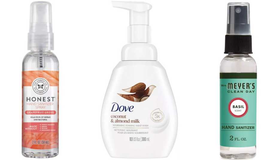 The Honest Company Hand Sanitizer Spray in Grapefruit Grove; Dove Coconut & Almond Milk Nourishing ﻿Foaming Hand Wash; Mrs. Meyer’s Clean Day Hand Sanitizer in Basil
