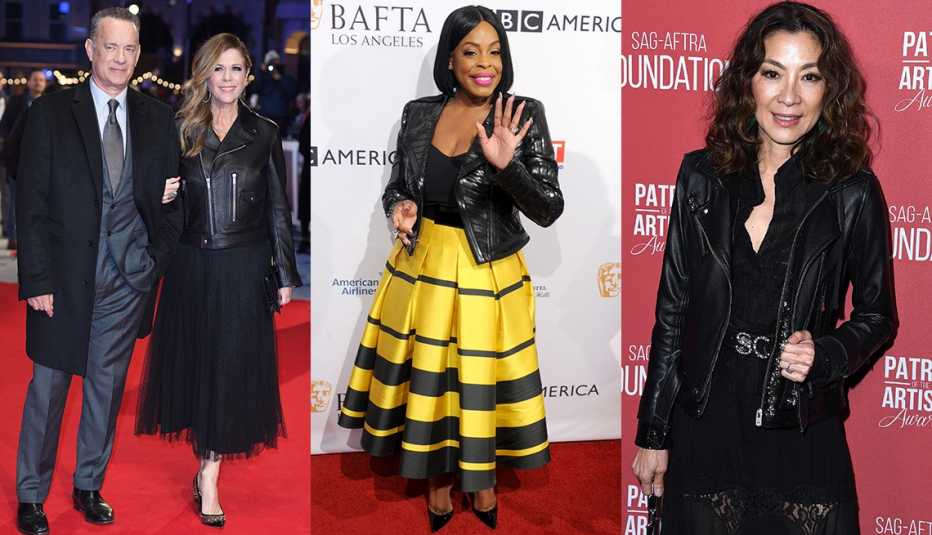 Black leather jackets worn with dressy outfits.