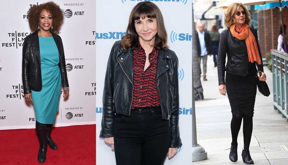 Women wearing black leather jackets with colorful accessories. 
