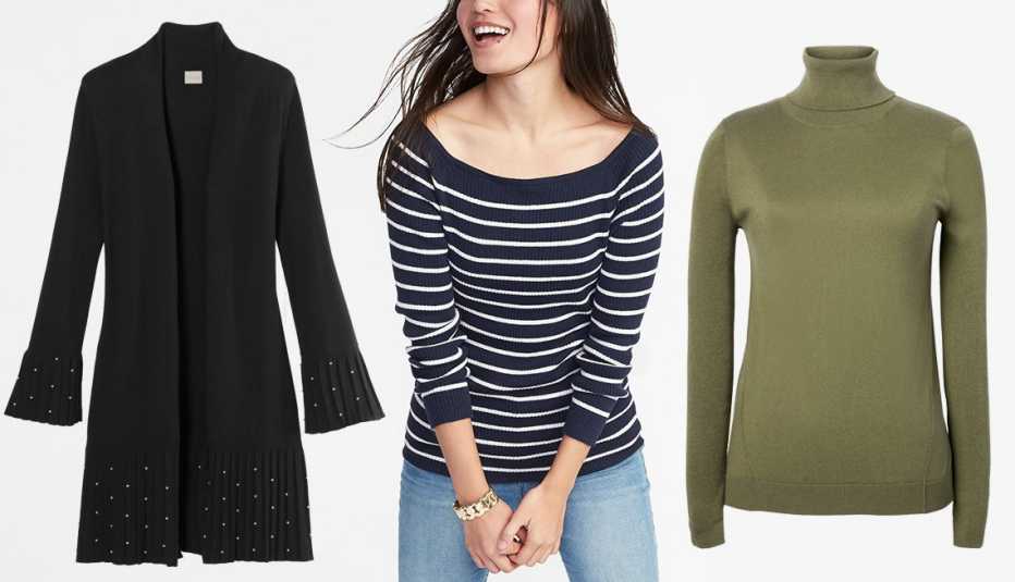Chico's Pleated Faux Pearl Cardigan, Old Navy Rib-Knit Off-The- Shoulder Sweater for Women and Banana Republic Silk Cotton Cashmere Ribbed Turtleneck 