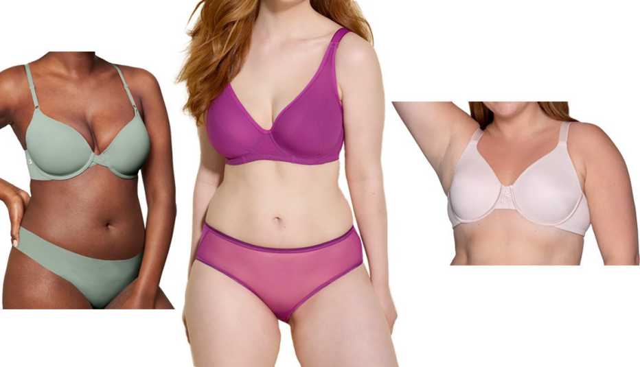 Harper Wilde Base T-Shirt Bra in Seaglass; Cosabella Soire Confidence Side Support Bra in Swiss Beet; Vanity Fair Women’s Beauty Back Full Figure Minimizer in Sheer Quartz