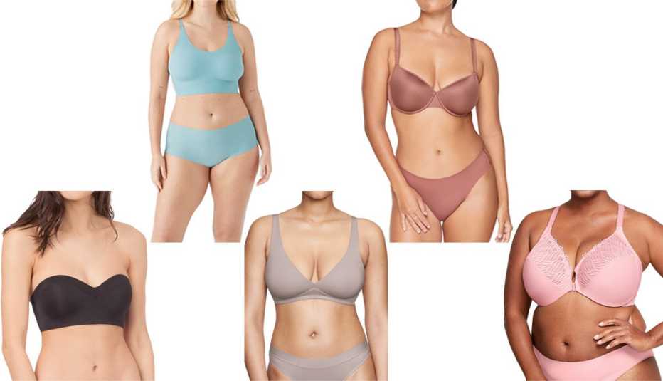 Lively No-Wire Strapless Bra in Jet Black; True & Co True Body Lift Mesh Scoop Neck Convertible Strap Bra in Bluestone; Cuup The Wireless Plunge Bra in Stone; ThirdLove 24/7 Classic T-Shirt Bra in Sienna; The Glamorise WonderWire Front-Close T-Back Bra in Pink Blush