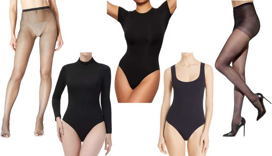 Stems Micro Fishnet Tights in Black; Kimi + Kai Women’s Turtleneck Long Sleeve Bodysuit in Black; Skims Fits Everybody T-Shirt Bodysuit Regular & Plus in Black; Good American Scoop Neck Tank Bodysuit in Black; Silkies Women’s Control Top Pantyhose with Run Resistant Light Support Legs in Jet Black