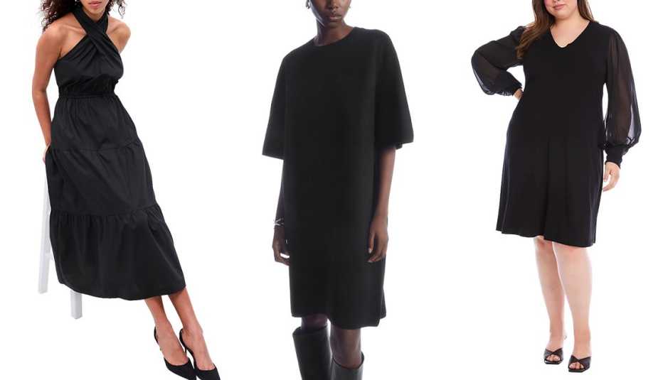 Halter Tiered Maxi Dress in Black; Oversized-Fit Wool T-Shirt Dress in Black; Plus Size Sheer Sleeve Dress in Black Halter Tiered Maxi Dress in Black; Oversized-Fit Wool T-Shirt Dress in Black; Plus Size Sheer Sleeve Dress in Black