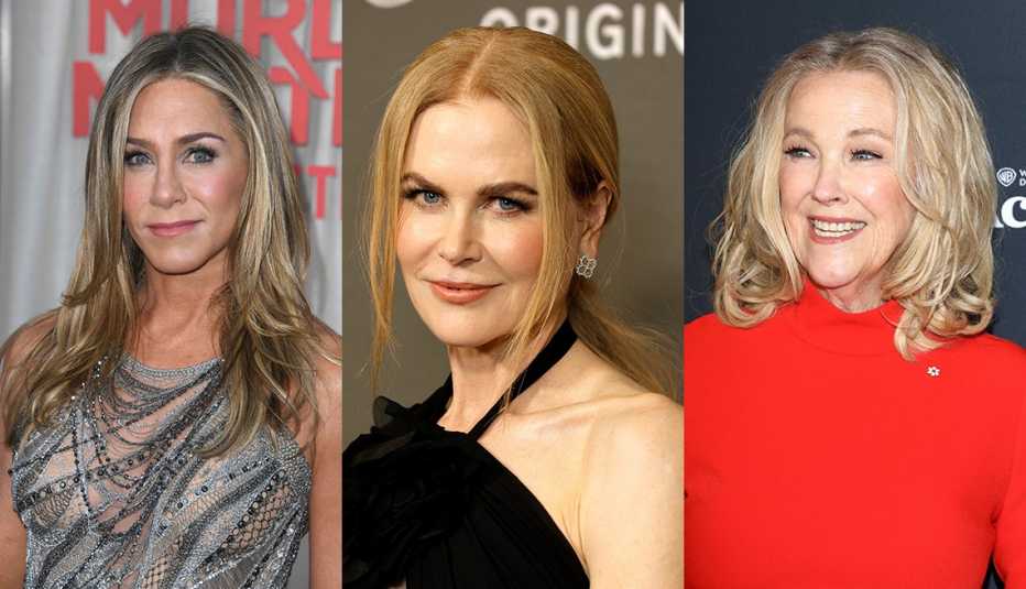 a close up of the hairstyles of jennifer aniston nicole kidman and catherine o hara