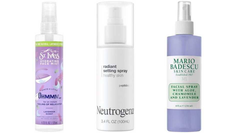 St. Ives Hydrating Face Mist in Lavender; Neutrogena Radiant Makeup Setting Spray with Peptides; Mario Badescu Facial Spray with Aloe, Chamomile and Lavender St. Ives Hydrating Face Mist in Lavender; Neutrogena Radiant Makeup Setting Spray with Peptides; Mario Badescu Facial Spray with Aloe, Chamomile and Lavender