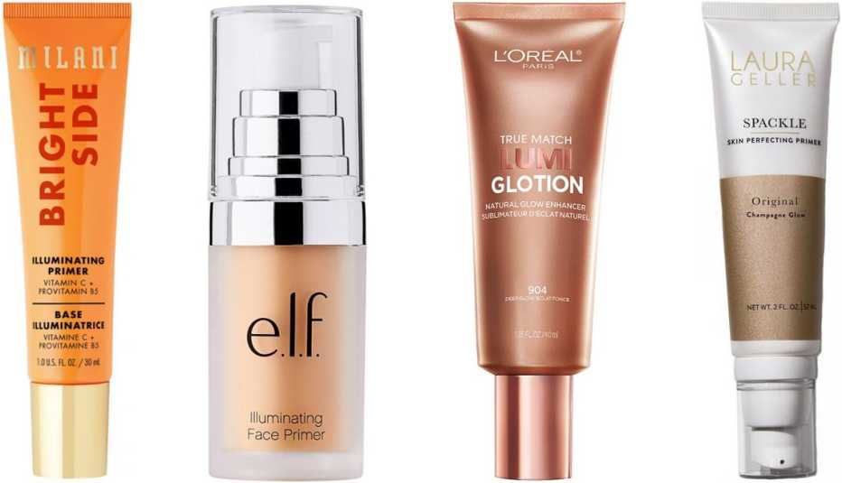 Milani Illuminating Face Primer in Bright Side; e.l.f. Illuminating Face Primer; L’Oréal True Match Lumi Glotion Natural Glow Enhancer; Laura Geller Spackle Perfecting Primer: Original Champagne Glow
