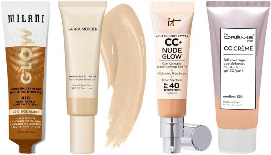 Milani Glow Hydrating Skin Tint; Laura Mercier Tinted Moisturizer Natural Skin Perfector Broad Spectrum SPF 30; It Cosmetics Your Skin But Better CC Cream Nude Glow SPF 40; The Creme Shop CC Cream SPF 30