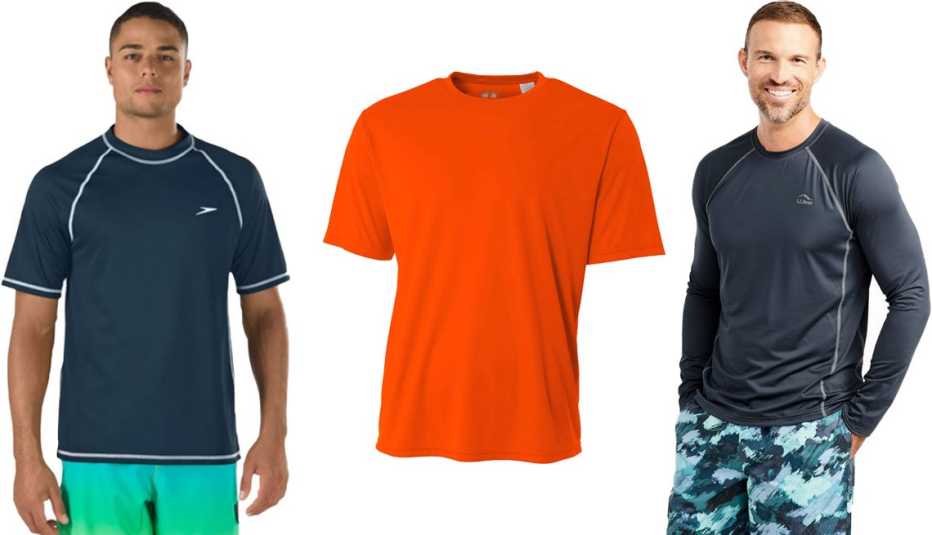 Speedo Mens U V Swim Shirt in New Navy Hardcore Water Sports Mens Rash Guard Shirt S P F in Safety Orange L L Bean Mens Swift River Cooling Rash Guard in Carbon Navy