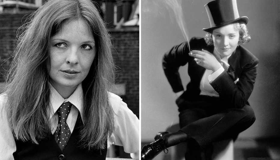 left actress diane keaton in the movie annie hall right actress marlene dietrich in the film morocco